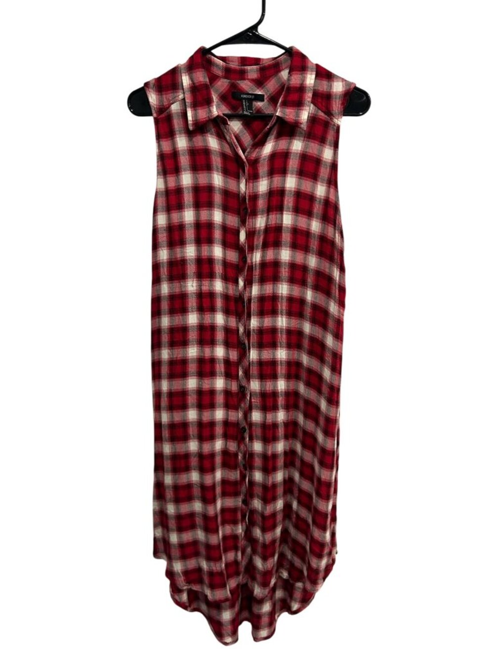 Forever 21 Large Sleeveless Red White Plaid Button Up Shirt Dress Grungecore